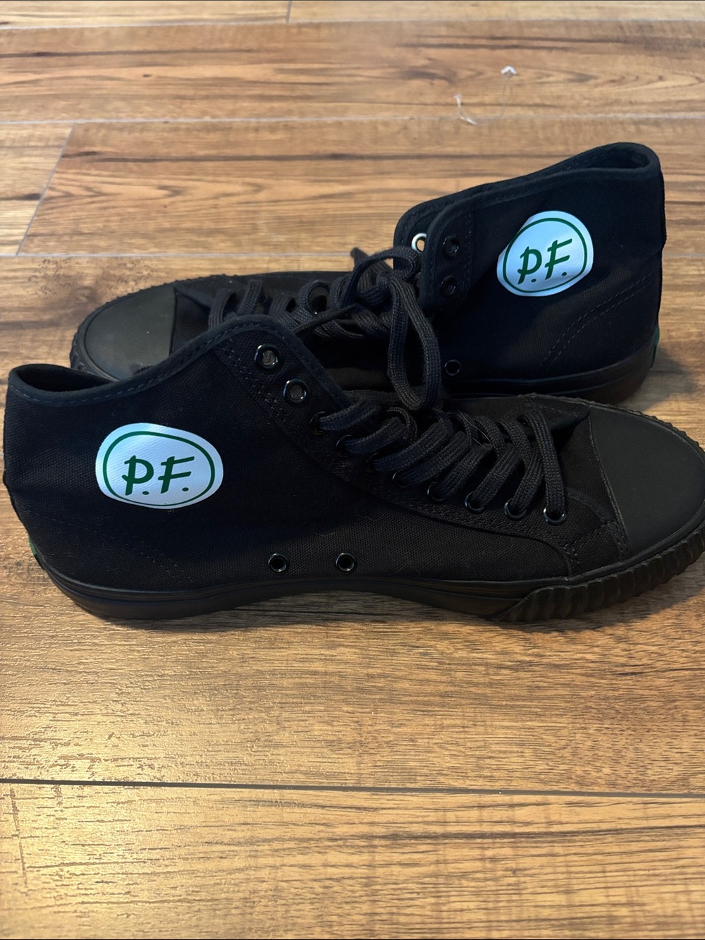 P.F. Flyers Black High-Top Canvas Sneakers with Green Logo